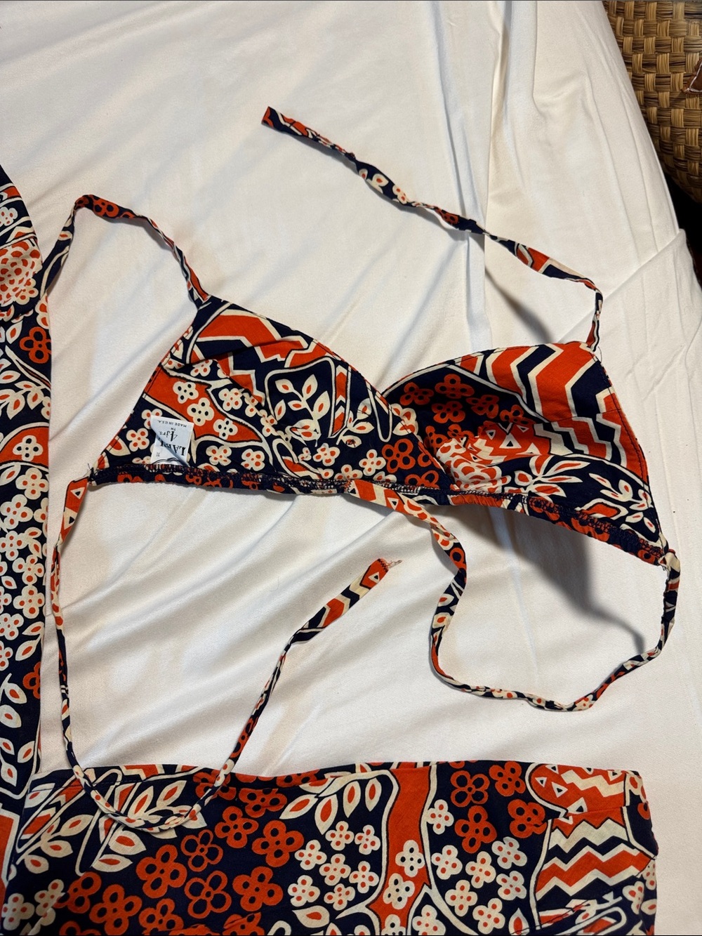 Three-Piece vintage, 100% cotton Bikini Set with Skirt - Orange Navy White - Picture 9 of 9